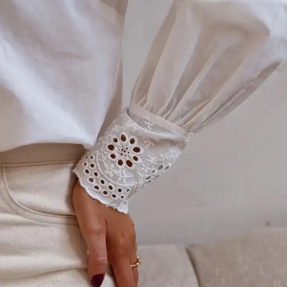 Embroidered Hollowed Out Eyelett Neckline Button Up Blouse with Balloon Sleeves - Picture 3 of 6